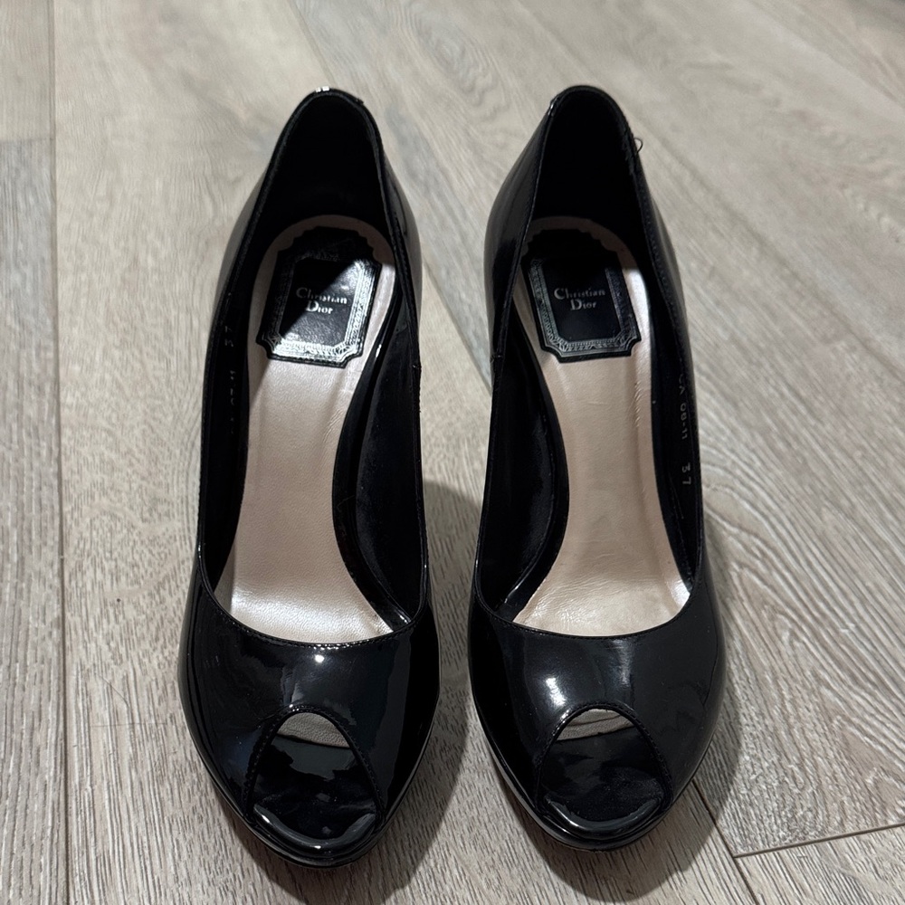 Authentic Dior Glossy Black Peep-Toe Heels - 37